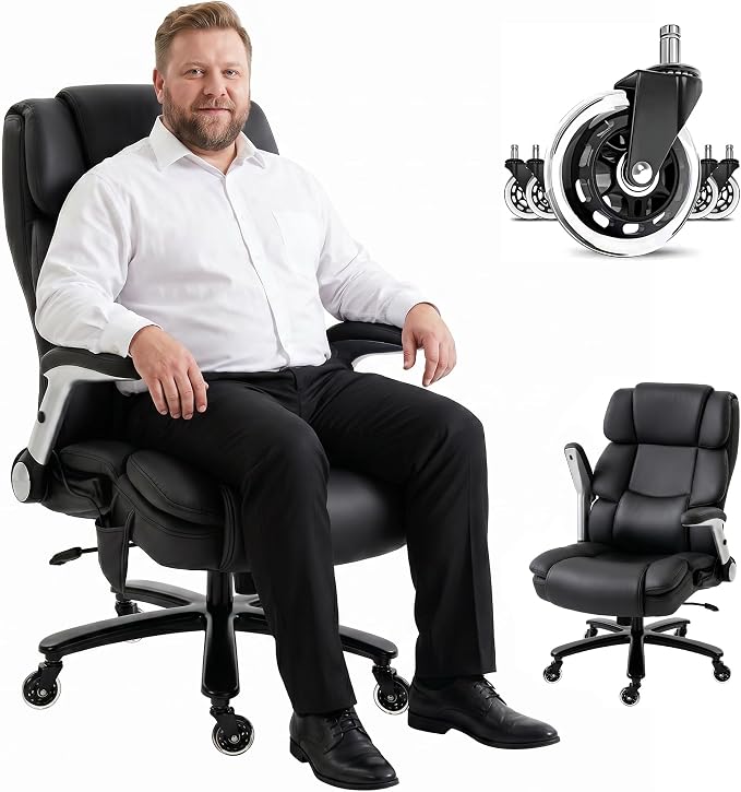 HOMCOM 400 Lbs Heavy Duty Office Chair with Adjustable Lumbar Support Black | Inflatable Adjustable Lumbar Support, Heavy Duty High Back Desk Chair, Pet-Friendly Fabric, 4-Level Gas Lift