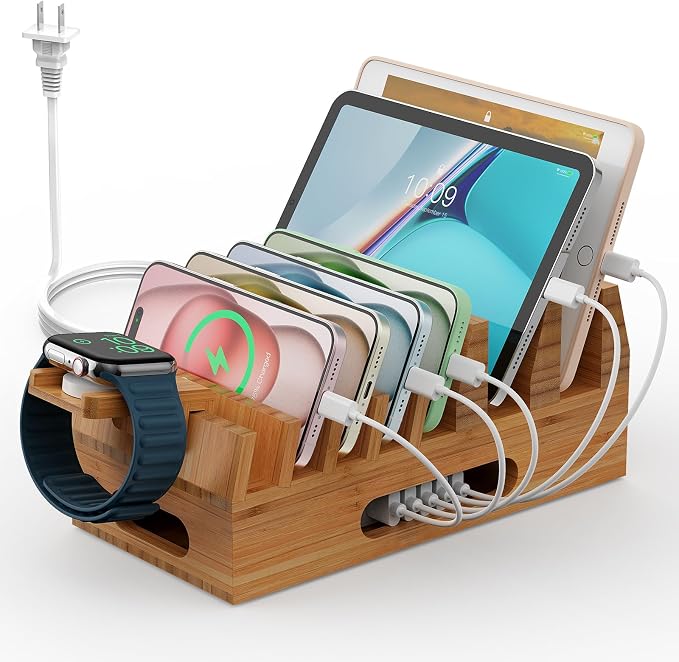 Pezin & Hulin Bamboo Charging Station with 5-Port USB Charger & 5 Cables | 7-Slot Wood Organizer, Magnetic Snap Assembly, Thick Base, Non-Slip Pads, Hidden Cord Box. Ideal for Home Office & Bedside