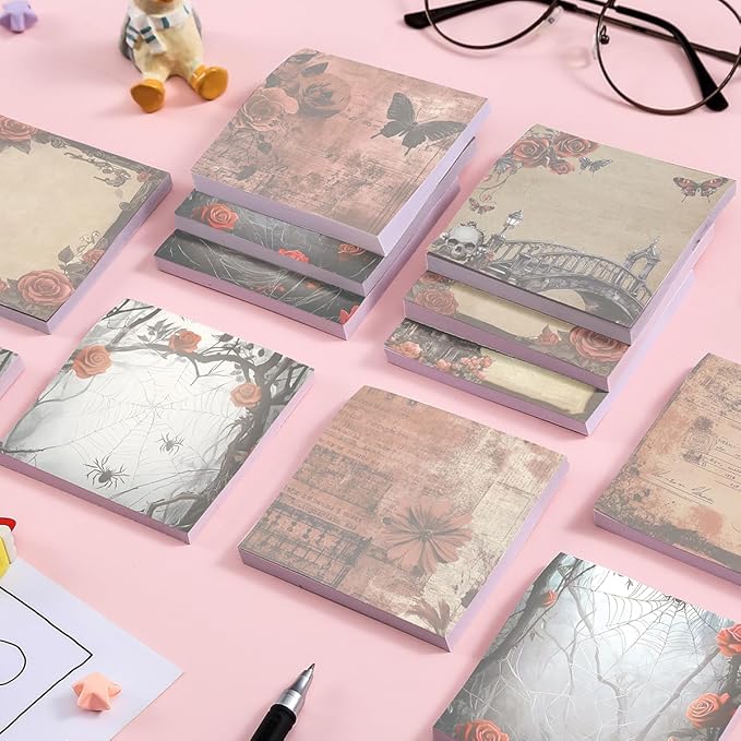 9 PCS Retro Sticky Notes 3x3 Cute and Aesthetic Post it Notes Self-Stick Note Pads for School, Office, and Home - Ideal Gifts for Teachers, Women, and Coworkers (Gothic Romance)