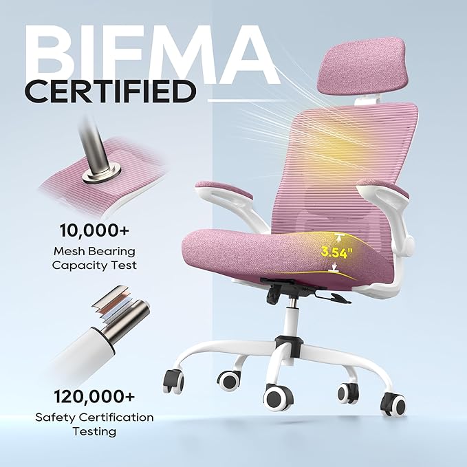 Ergonomic Office Chair, High Back Mesh Desk Chair with Adjustable Lumbar Support & Headrest, Flip-up Armrest, Computer Task Chairs for Home and Executive Office (W-Purple)