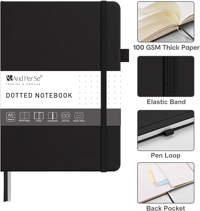 &And Per Se Dotted Journal Notebook – A5 Hardcover, 160 Pages 100gsm Paper, Dot Grid Notebook for Planning & Creative Journaling, 3 Sticker Sheets Included (Black)