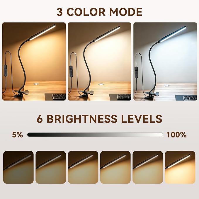 Clip on Desk Lamp, 5W LED Reading Light, 400 Lumens Book Light, 3 Color Modes 6 Brightness Levels, USB Powered Adjustable Neck Lamp for Desk, Bedside, Study, Office