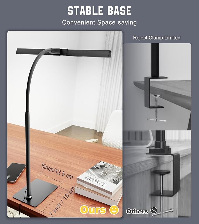 Desk Lamp for Home Office with Base, Eye-Caring Desk Light with Adjustable Gooseneck, 12W USB Adapter Touch Control 5 Dimmable Brightness & Color Tall Lamp for Work, Computer, Study, Task