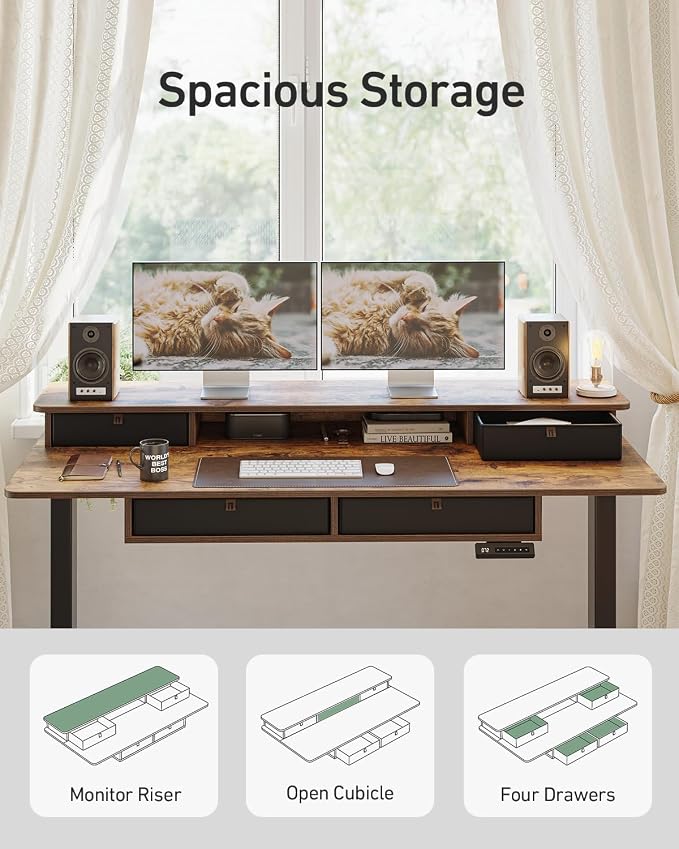 FEZIBO 48 x 24 inch Standing Desk with Drawers, Height Adjustable Electric Workstation, Computer Sit Stand Up Table with Large Storage Shelf 4 Drawers and 2 Hooks, Rustic Brown