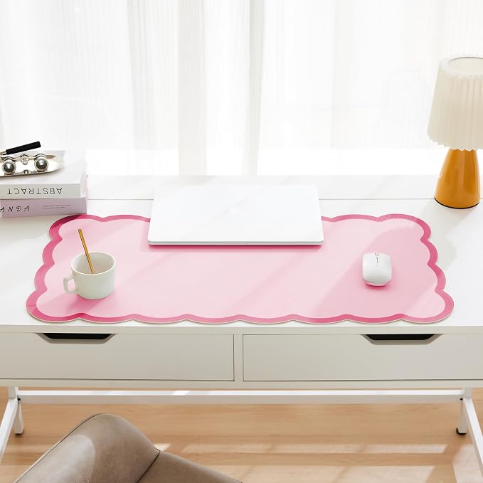 Scalloped Desk Mat, 31.5" x 15.7" Hot Double Pink Large Cute Aesthetic Desk Accessories, PU Leather Computer Laptop Desk Mouse Keyboard Pad, Desk Writing Mat for Vanity/Work/Home Decor Coral