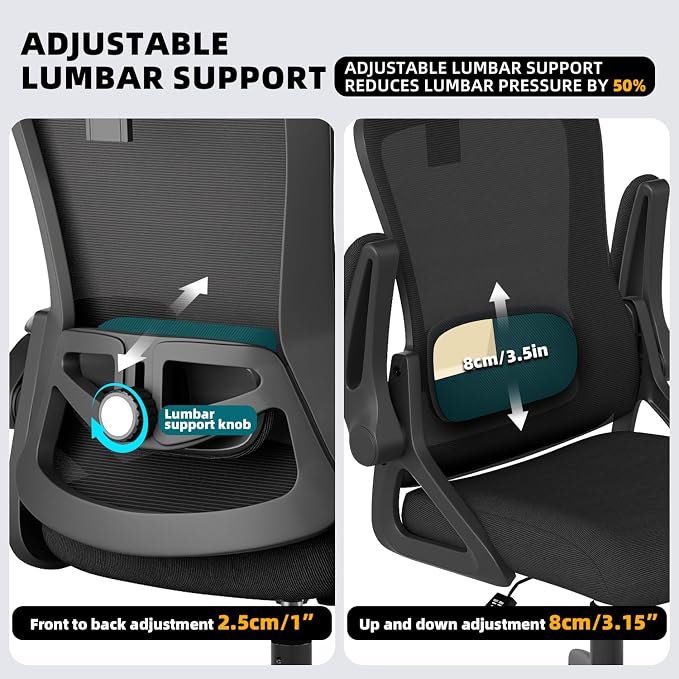 Ergonomic Office Chair Desk Chair with Adjustable Lumbar Support | Mesh Computer Chair Home Office Desk Chair with Flip-up Armrests Executive Task Chair Comfy Mesh Gaming Chair (Black-Black)