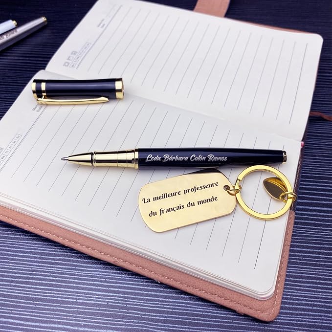 Yastar Custom Office Pen with Custom Keychain Business Gift Set with Pen Box 2 extra Black Refills Engraved with your Message Names Company Names Phone Number Souvenir Gift for Colleague Friends