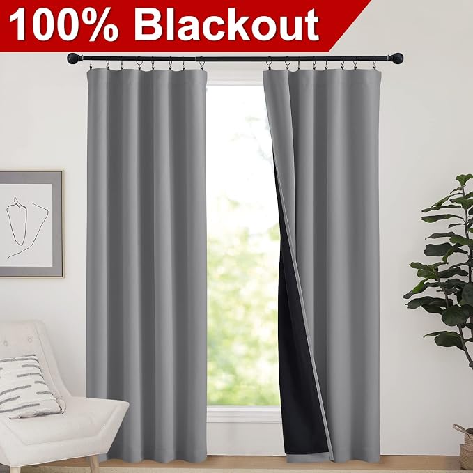 NICETOWN Thick Blackout Curtains for Bedroom, Pair of Energy Smart & Noise Blocking Out Full Shade Curtain Panels, Thermal Insulated Guest Room Rod Pocket Window Dressing(Silver Gray, 42 x 84 inch)
