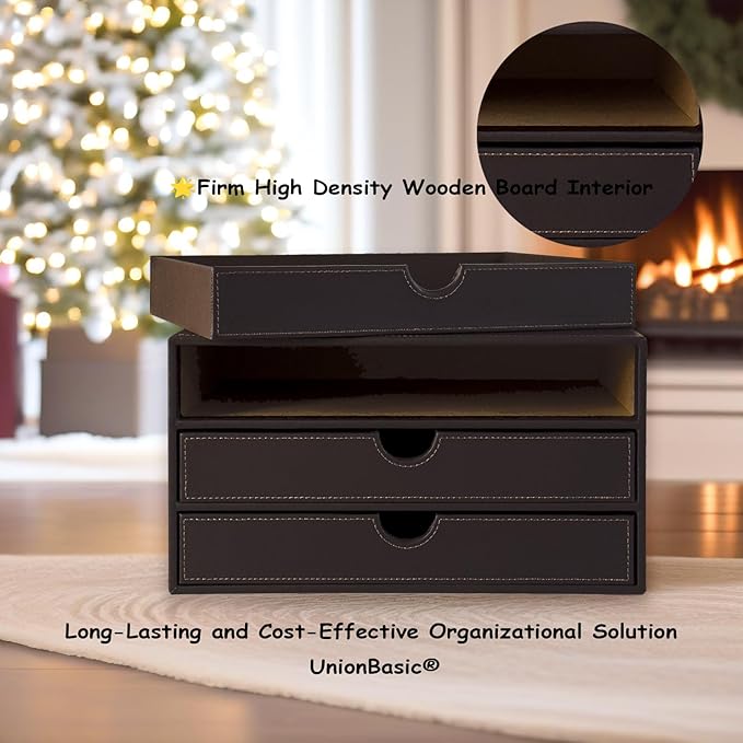 UnionBasic Leather Desktop Drawer Organizer, File Cabinet Magazine Document Holder, Office Supplies Desk Storage Organizer Box, 3 Drawer, Coffee