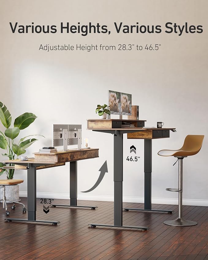 CubiCubi 48" x 24" Standing Desk with Drawers, Electric Height Adjustable Workstation, Computer Sit Stand Up Office Table with Large Storage Shelf, 4 Drawers and 2 Hooks, Rustic Brown