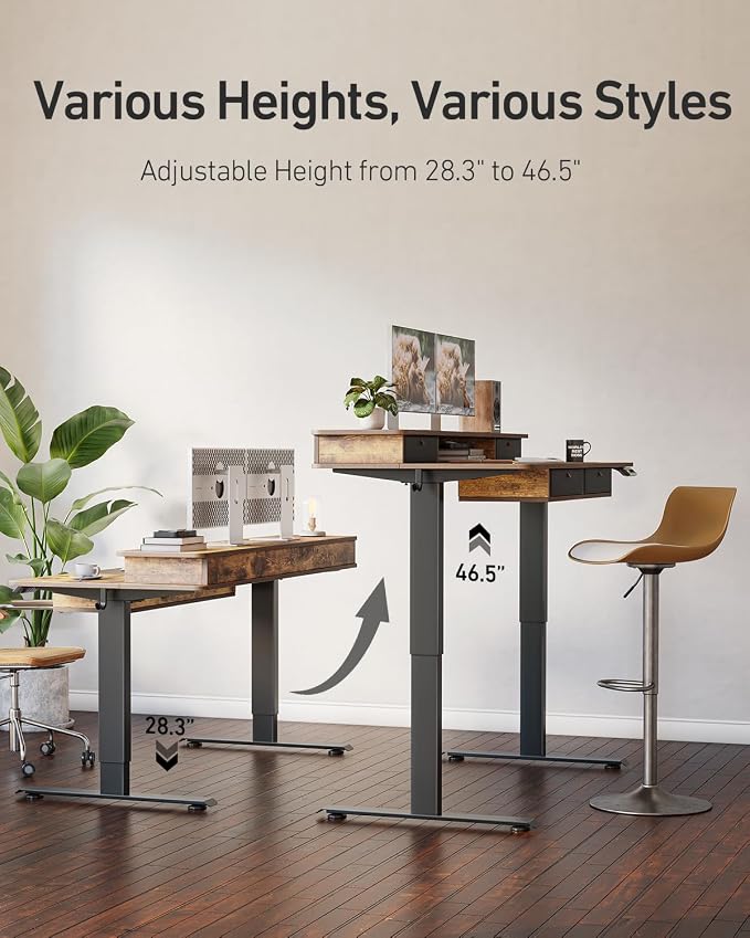 CubiCubi 48" x 24" Standing Desk with Drawers, Electric Height Adjustable Workstation, Computer Sit Stand Up Office Table with Large Storage Shelf, 4 Drawers and 2 Hooks, Vintage Brown