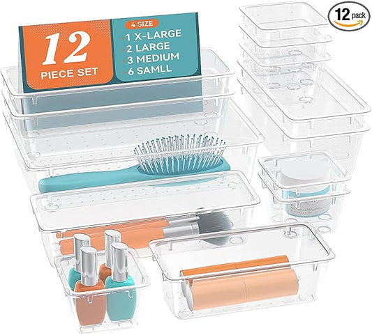 ElegantArray 12 PCS Drawer Organizer Set, 4 Sizes Tool Storage Trays, Clear Plastic Makeup Vanity Organizer and Storage Bins for Makeup, Stationeries, Multiple Gadgets for Bathroom, Office, Bedroom