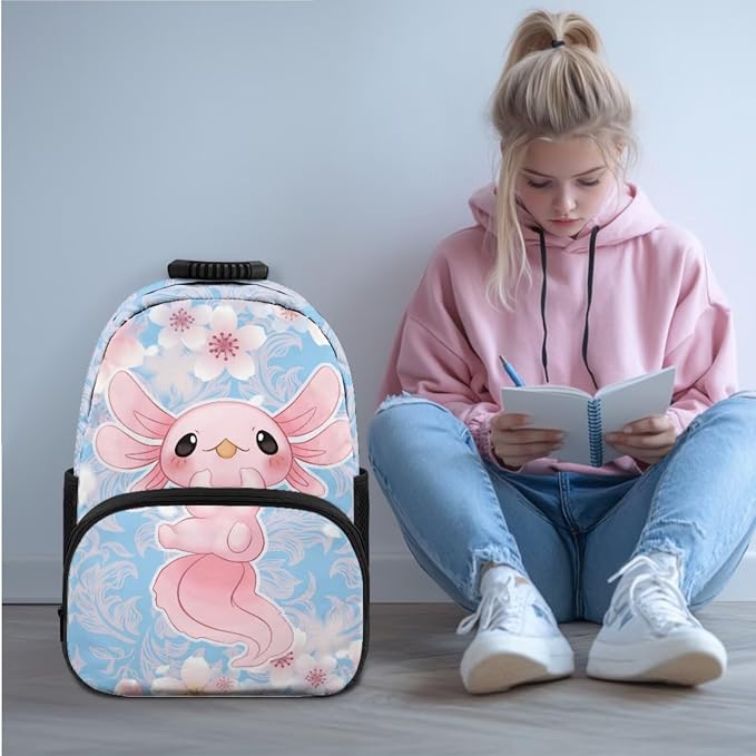 Ystardream Baby Axolot Elementary Backpacks for Girls with Lunch Box Cherry Blossom Kids School Bookbag with Pencil Case&Water Bottle Sleeve 4 in 1 Set for Student Back to School Gift