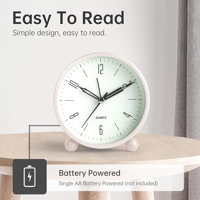 JALL Analog Alarm Clock, 4 inch Super Silent Non Ticking Small Clock with Night Light, Battery Operated, Simple Design, Old Fashioned Style Cream Decor, for Bedroom, Bedside, Desk, Adult, Gift, White