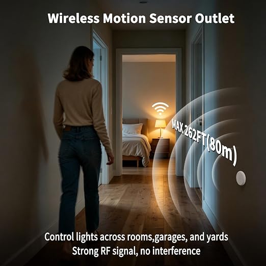 NineLeaf Wireless 260FT Motion Sensor WiFi Remote Smart Slim Outlet | App Control, Adjustable Sensing Mode, WiFi Auto Control Lights Fan Appliances, No Wiring,Garage,2Sensors 5Plugs