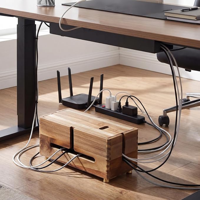 Novabright Acacia Wood Cable Management Box Cable Organizer with 4 Metal Feet Cord Hider Organizer for Power Strip Electrical Hiding, TV Wires, Desk Floor Cables, Under Desk Cables Box for Wire