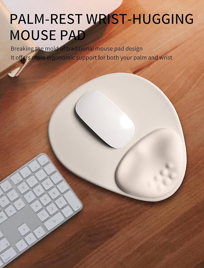 Palm-Rest and Wrist-Hugging Mouse Pad Wrist Rest, Ergonomic Wrist Support with Curve Fitting Cushioned Memory Foam for Carpal Tunnel Pain Relief, 9.9 x 8.3 Inch, Love of Apricot White