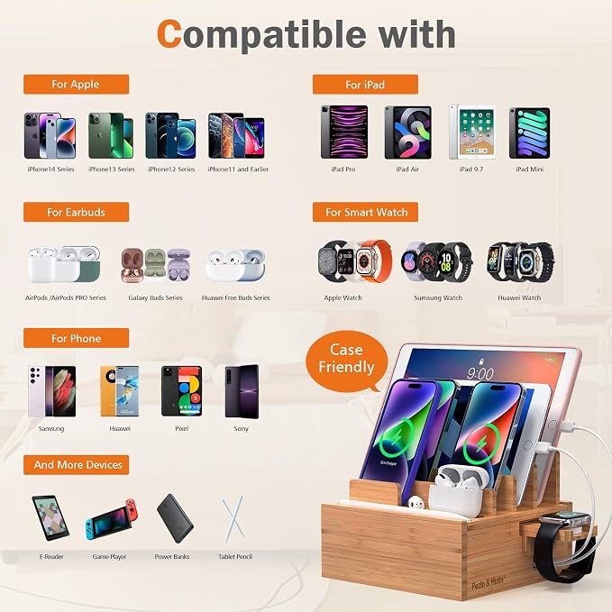 Pezin & Hulin Bamboo Charging Station for Multiple Devices with 5-Port HUB | Desktop Organizer, Wooden Docking Stations, All-in-1 Bamboo Dock Rack for Phones, Tablets, Watch–with 5 Cables