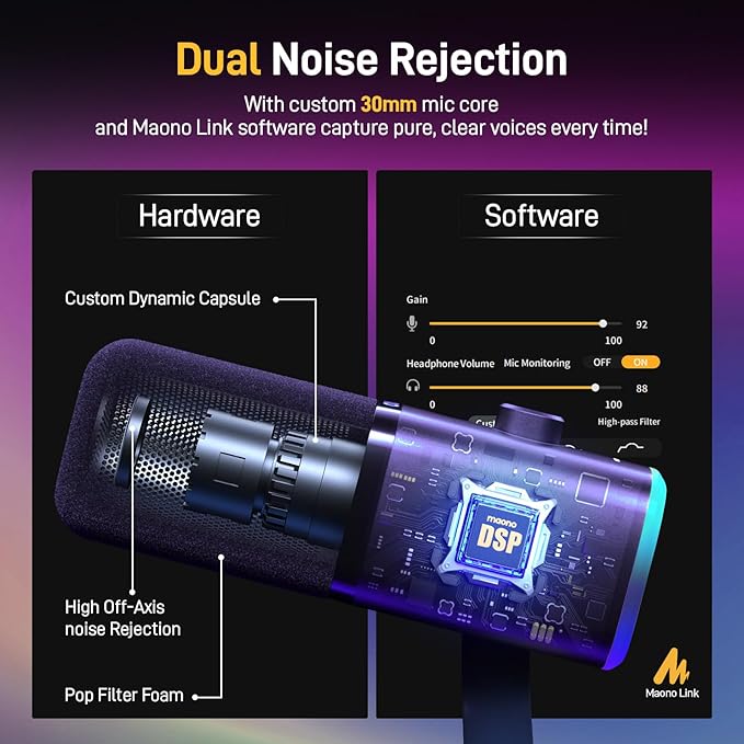 MAONO XLR/USB Gaming Microphone for PC, Dynamic Computer Mic for Streaming Podcasting, Noise Reduction, Mute, Volume Control, RGB Boom Mic for Vocal Recording,Voice-Over, PD100XS Black