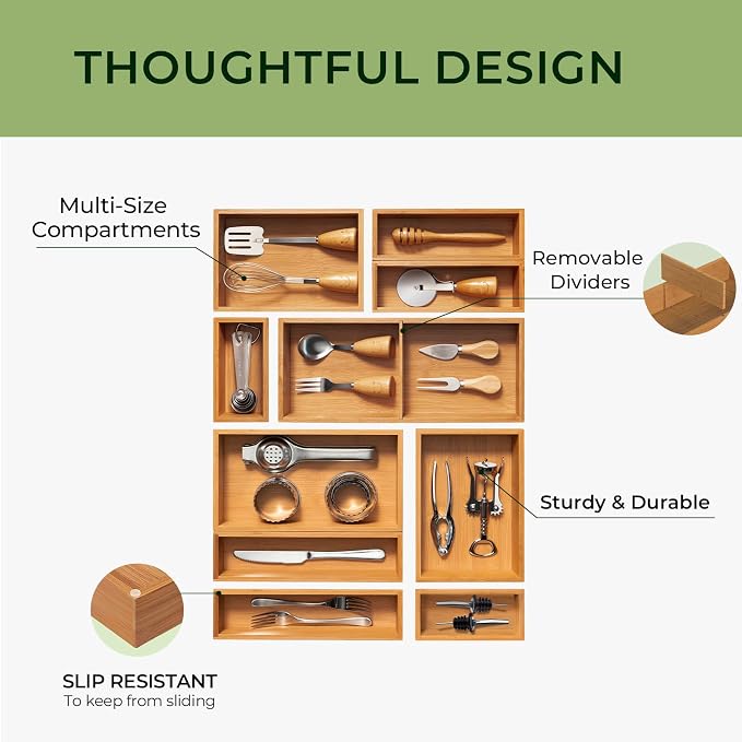 keechee 10-Piece Bamboo Drawer Organizer Set, 2.2" Deep Multi-Use Organizers for Utensils, Silverware, Cutlery, Desk, Bathroom, Junk Drawer & Makeup, Non-Slip Feet Included.