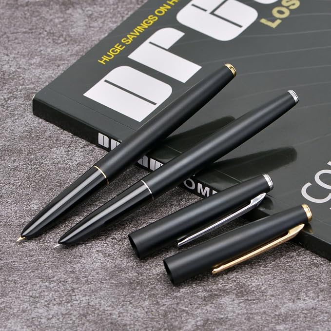 2PCS Jinhao 911 Fountain Pen Extra Fine Nib, Matte Black with Gold & Silver Trim, Lightweight and Durable, Includes Ink Cartridges & Converters, Smooth Writing Pen