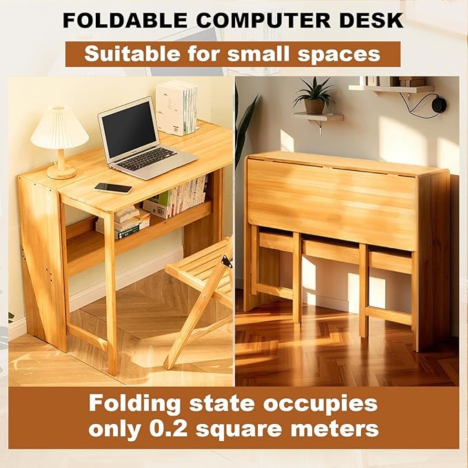 41" Bamboo Folding Desk with Bookshelf, Folding Bamboo Desk for Small Spaces, Computer Table Space Saving, Wooden Desks for Home Bedroom Study Office Bamboos Writing Desks, Primary
