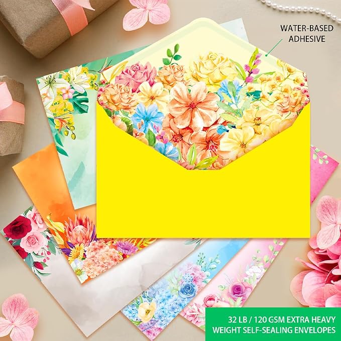 Anzon Mories 60 Pieces Cute Stationary Writing Paper and Envelope Set (2 Sides Colored, 1 Side Lined) 30 Sheets, 30 Pcs Envelopes, Kawaii Letter Stationery 8.5 x 11 In Floral Decoration Ruled