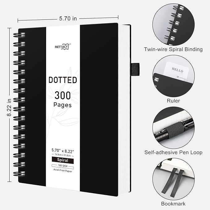 RETTACY Dotted Journal Notebook, 300 Pages, A5 Medium Size (5.7'' × 8.2''), 100 GSM Thick Paper, Flexible Plastic Cover, Spiral-bound, for Journaling, Planning, Tracking (Black)