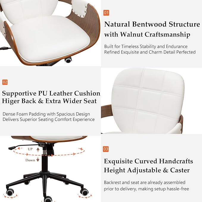 Mid Century Modern Executive Office Chair, Faux Leather Desk Chair, Walnut | Ergonomic Curved Back, Bentwood Frame, 360° Swivel & Rocking Function, Height Adjustable 19"-23", Support Up to 350 lbs