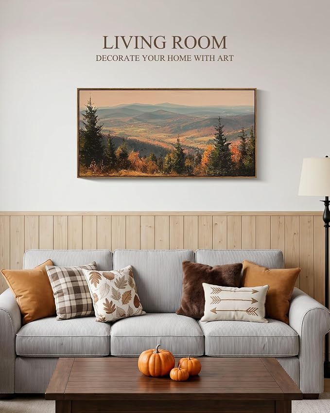 InSimSea Extra Large Framed Vintage Fall Wall Art, Living Room Farmhouse Decor, Autumn Mountains Forest Landscape Canvas Prints, Retro Long Pictures for Bedroom Above of Bed, 20x40inch