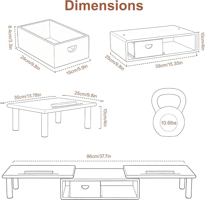 Dual Monitor Stand Riser with Drawer for Desk Laptop | Desk Shelf with Adjustable Length and Angle, Bamboo Computer Stand Riser for 2 or 3 Monitors Screen Laptop PC TV Brown