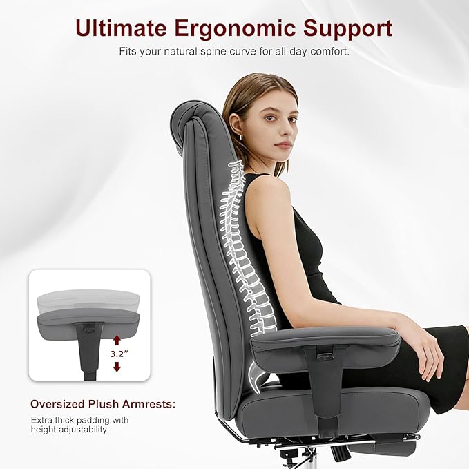 Big and Tall Office Chair 400lbs Wide Seat, Leather High Back Executive Office Chair with Foot Rest, Ergonomic Chairs Lumbar Support for Lower Back Pain Relief (Grey)