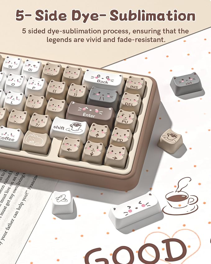 Keymatic Meow Meow Squad Cat Keycaps, Dye-Sublimation PBT MOA Profile, 129 Keys Custom CuteKey caps Set for 100%, 75%, 65%, 60% Mechanical Keyboard(Only Keycap Set)