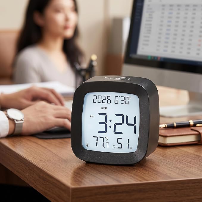 Digital Alarm Clock with Backlight, Snooze, Temp & Humidity Display,Black | Time, Date & Weekday Temperature & Humidity Touch Backlight 5-Minute Snooze,Battery Operation Long Battery Life