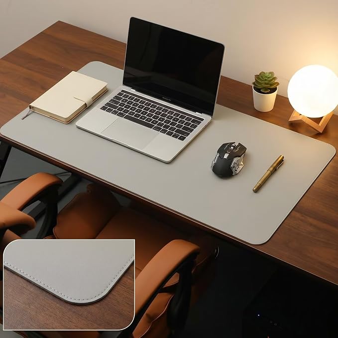 Leather Office Desk Pad Protector, Large Mouse Mat, Non-Slip, PU Leather, Laptop Desktop Blotter, Waterproof Writing Surface for Work and Home, Light Gray, 26" x 31"
