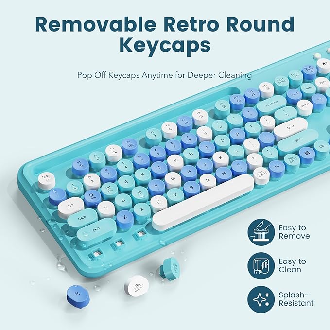 Wireless Keyboard and Mouse Combo, Retro Round Keycaps, Full-Size Stylish Typewriter Keyboard with Phone/Tablet Holder, Ergonomic Mouse with 3-Level DPI, 2.4GHz Connection for Windows/PC (Ice Blue)