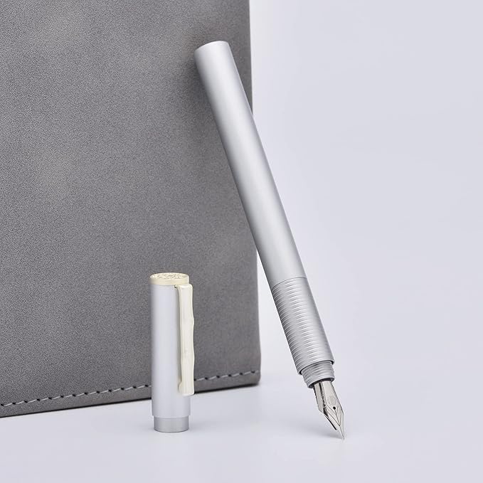 Hongdian H3 Fountain Pen Fine Nib with Bamboo Pen Clip, Silver Aluminum Alloy Writing Pen
