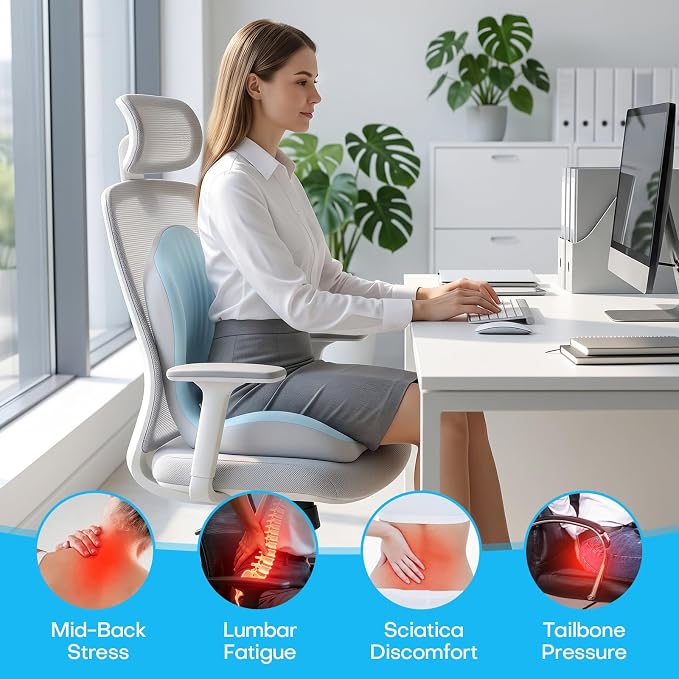 Ergonomic Seat Cushion for Tailbone Sciatica Lower Back Pain Relief, L-Shaped Seashell Memory Foam Coccyx Hollow Cushion, 2-in-1 Lumbar Back Support Pillow for Office Gaming Car Chair Blue