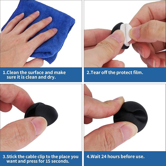 8 Pack Adhesive Cable Clips Cord Organizer for Desk, Black | Self-Adhesive, Cord Organizer Management for Desk, Suitable for Computer, Charging, Electrical and Mouse Wires, Easy to Use