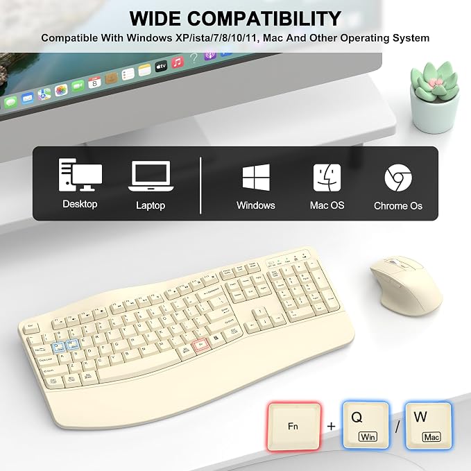Wireless Keyboard and Mouse Combo, 2.4G Full Size Wave Keys Ergonomic Keyboard with Wrist Rest and 3-Level DPI Adjustable Wireless Ergonomic Mouse for Windows, Mac OS Desktop/Laptop/PC(Latte)