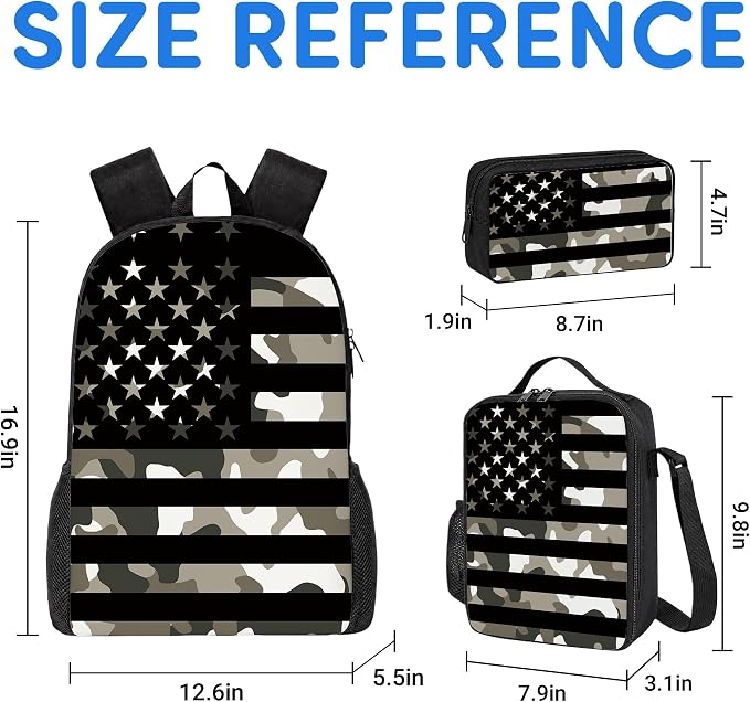 3PCS Camouflage flag Backpack for Boys Girls Teens, School Backpack with Lunch Box Pencil Case for Elementary Middle High Students, 17 Inch Lightweight Bookpack 3 in 1 Set Back to Shool for Kids