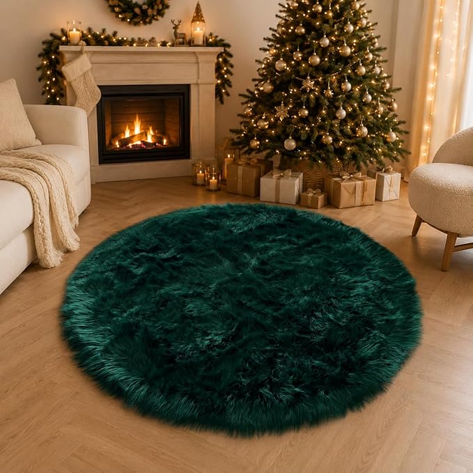 EasyJoy Faux Sheepskin Rug, Fluffy Faux Fur Rug, Ultra Soft Shag Area Rug with Non-Slip Backing for Bedroom, Living Room, Nursery, Kids Room (4 x 4 ft Round, Dark Green)