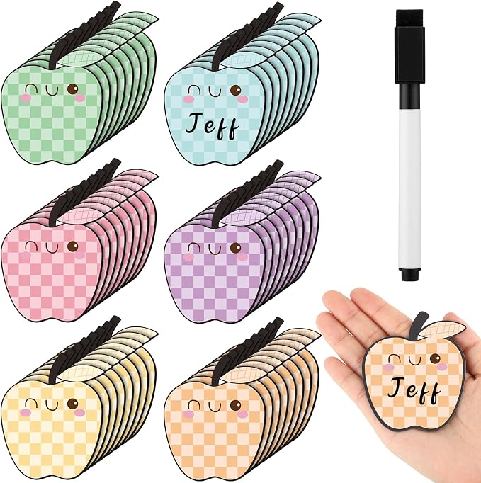 48 Pcs Pastel Fruit Dry Erase Magnetic Labels Colorful Checkerboard Fruit Student Name Tags Magnetic Locker Name Plates Stickers for Back to School Classroom Desks School Whiteboards