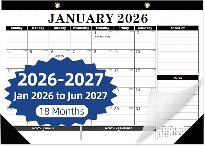 Tcamp 2026 Calendar, Desk Calendar 2026-2027 from January 2026 to June 2027, Big 17" x 12" Wall Calendar with Julian Dates, 18 Months Desk Planner for Home School Office Desktop, Christmas Gifts