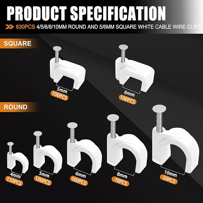 mankk 630PCS Cable Clips Nail in Cable Clips Wire Clips 4/5/6/8/10mm Round & Square Ethernet Cables Wall Clips for Cords RG6 RG59 CAT5 CAT6 RJ45