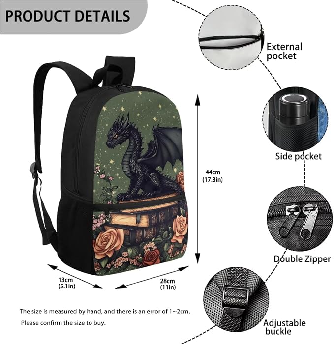 WELLFLYHOM Girls Dragon School Backpack with Lunch Box, 17 Inch 4PCS Green Backpack Set for Elementary Kids 6-11, Reduce Shoulder Pressure for Child, Back to School Supplies