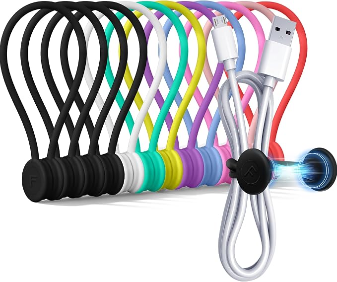 COOLMI Magnetic Cable Ties 12 Pack, 6.88 Inch Reusable Silicone Cord Organizer Wraps, Magnetic Cable Straps for Charging Cords, USB Cables, Earbuds, Travel, Black & Assorted