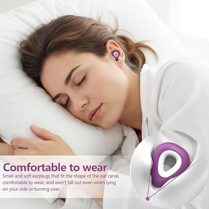 Ear Plugs for Sleeping Noise Cancelling - Purple Reusable Earplugs for 24dB Noise Reduction Snoring Concerts Sleep Deep Focus Work Travel Study, Silicone Flexible Hearing Protection Ear Plugs +3Tips