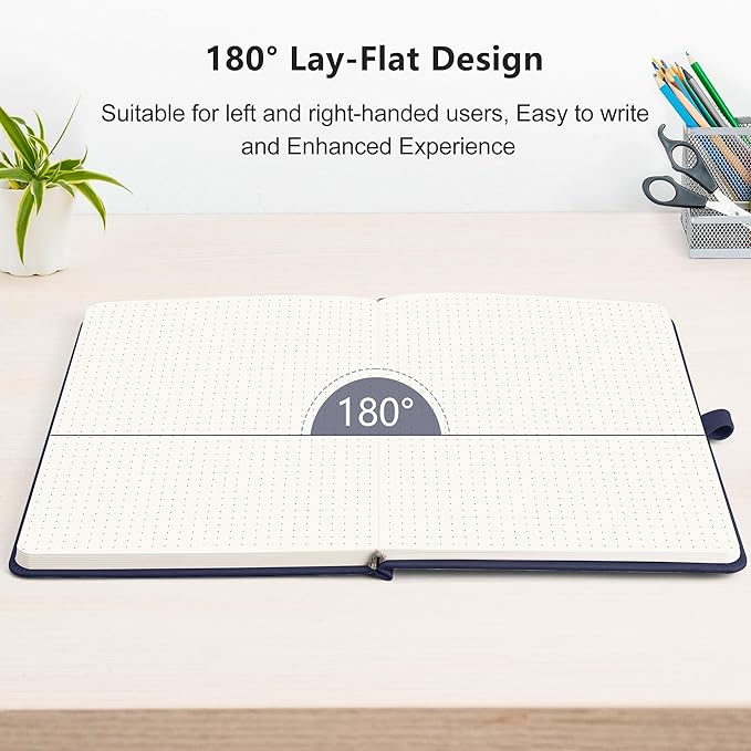 RETTACY Dotted Journal Notebook, 192 Pages, A5 Medium Size (5.7'' x 8.3''), Leather Hardcover, 100 GSM Thick Paper, for Journaling, Planning, Tracking (Navy Blue)