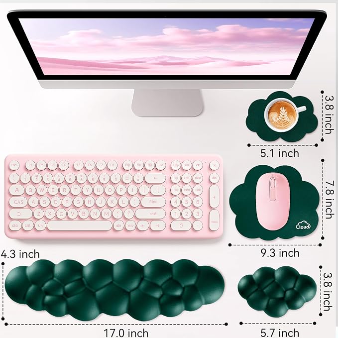 Sushret Cloud Wrist Rest for Computer Keyboard, 4-in-1 Memory Foam Leather Cloud Keyboard Wrist Rest and Mouse Pad Set with Ergonomic Support for Arm and Palm Cushion, Gaming/Work Setup, Dark Green